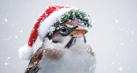 Festive winter bird with santa hatの素材