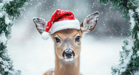 cute deer wearing santa hat in snowy forestの素材