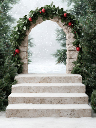 Snowy Christmas archway with holly and ornamentsの素材