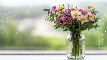 Vibrant bouquet of colorful flowers in a glass jarの素材