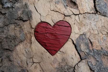 Carved wooden heart on cracked tree barkの素材