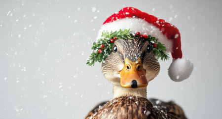 festive duck with christmas wreath and santa hatの素材