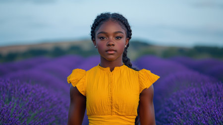 young woman in yellow dress standing in lavender fieldの素材
