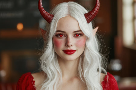 white-haired woman with red horns and makeupの素材
