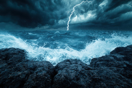 Dramatic stormy ocean with lightningの素材