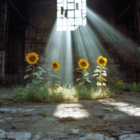 Sunflowers blooming in abandoned buildingの素材
