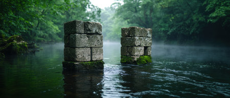 Mysterious stone pillars in a tranquil forest lakeの素材