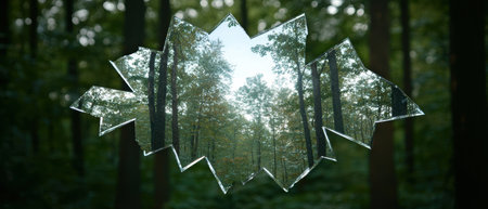Shattered glass reflecting forest sceneryの素材