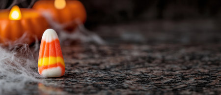 Spooky halloween candy corn on dark backgroundの素材