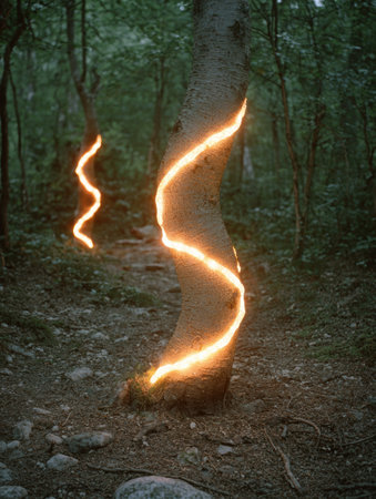 Glowing tree trunk in forestの素材