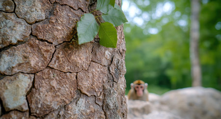 Monkey peeking through tree bark in lush green forestの素材