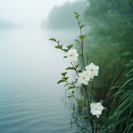 Serene floral scene by the waterの素材