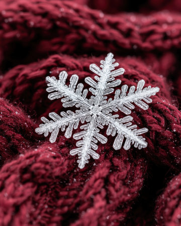 Intricate snowflake crystal on red fabricの素材