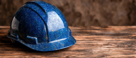 blue hard hat on wooden surfaceの素材