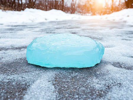 Frozen pond with ice block in winter landscapeの素材