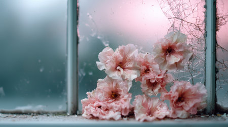 Delicate pink cherry blossoms on a window sillの素材