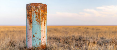Rusty metal cylinder in fieldの素材