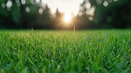 Lush green grass field with sunlightの素材