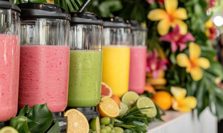 Colorful smoothie drinks with fresh fruits and vegetablesの素材