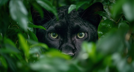 Curious black cat peering through lush green foliageの素材
