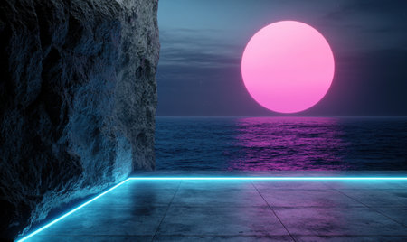 Futuristic landscape with glowing moon and neon lightsの素材