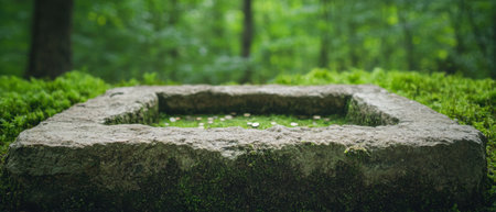 Serene forest landscape with moss-covered stoneの素材