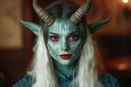 Mysterious green-skinned woman with horns and red eyesの素材
