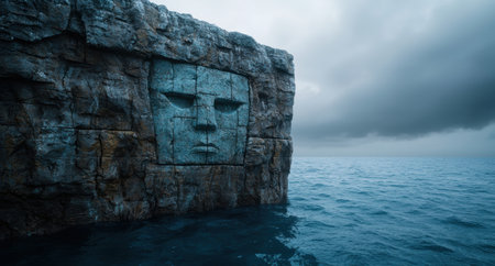 Mysterious rock face with carved features in the oceanの素材