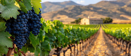 Lush vineyard with ripe grapes and rolling hillsの素材