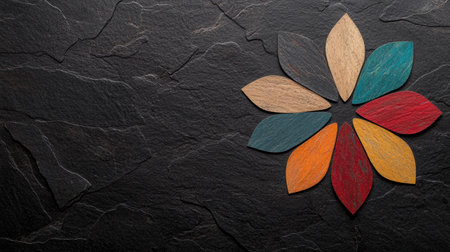 Colorful wooden flower petals on black slate backgroundの素材