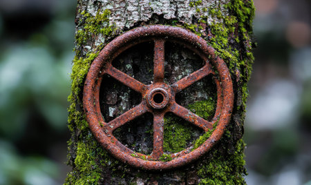 Rusty old valve on a mossy tree trunkの素材