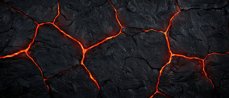 Glowing molten lava cracks in dark volcanic rockの素材
