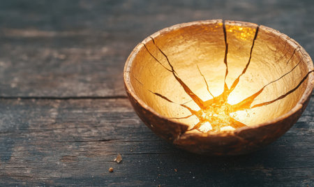 Glowing wooden bowl on dark backgroundの素材