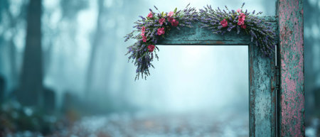 Enchanting floral archway in a mystical forest settingの素材