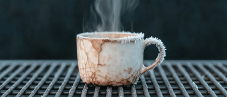 Steaming hot coffee cup on a frosty surfaceの素材