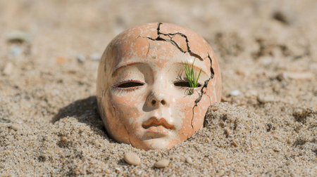 Cracked ceramic face with plants growing from itの素材