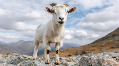 Curious mountain goat standing on rocky terrainの素材