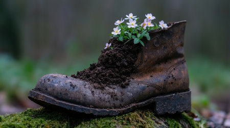 Flowers growing in an old boot on moss-covered groundの素材