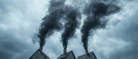 Smoke billowing from industrial chimneys on a gloomy dayの素材