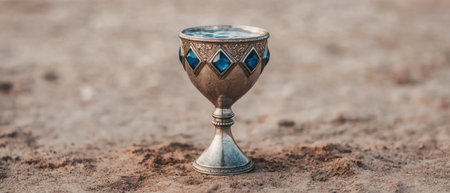Ornate antique chalice with blue gemstonesの素材