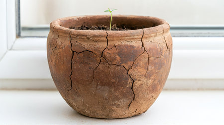 Sprouting plant in cracked clay potの素材