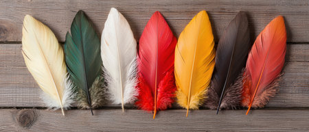 Colorful feather collection on wooden backgroundの素材