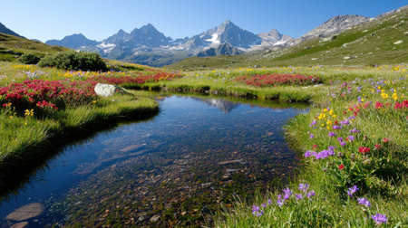 Stunning alpine landscape with snow-capped mountains, wildflowers, and a serene lakeの素材