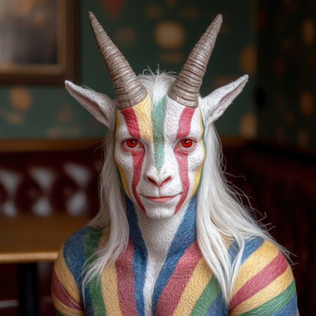 Colorful fantasy creature with horns and red eyesの素材