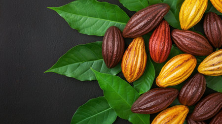 Cacao pods and leaves on dark backgroundの素材