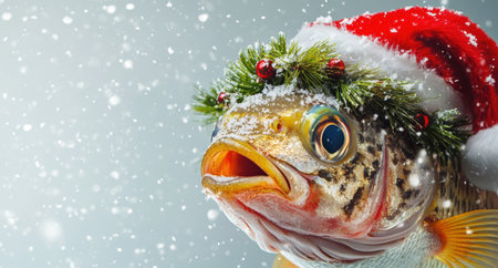 Festive fish with santa hat in snowy winter sceneの素材