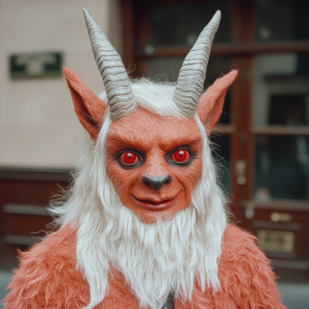 Fearsome Creature with Horns and Glowing Red Eyesの素材