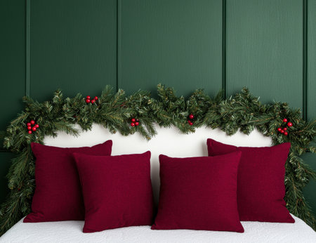 cozy christmas decor with evergreen garland and red pillowsの素材