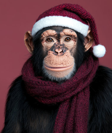 Festive chimpanzee in winter attireの素材