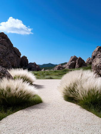 Scenic mountain landscape with grassy pathの素材